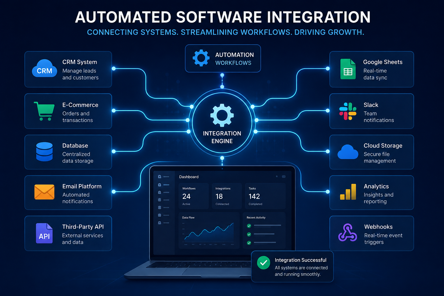 Automated software integration connecting systems for seamless warehouse operations.